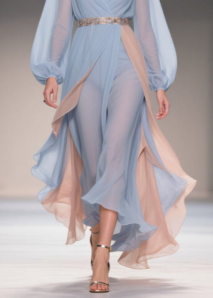 Chic Blue Asymmetrical High Waist Patchwork Chiffon Party Dress