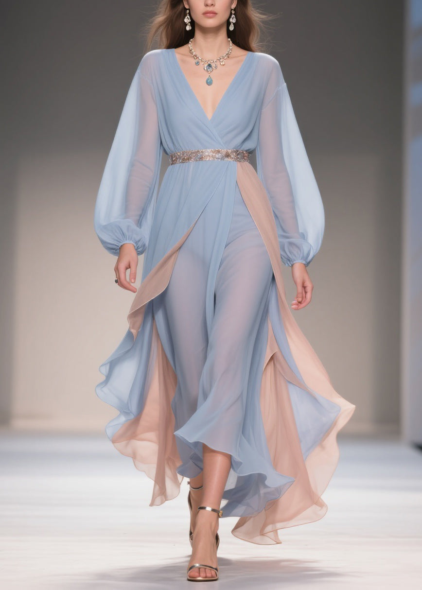 Chic Blue Asymmetrical High Waist Patchwork Chiffon Party Dress