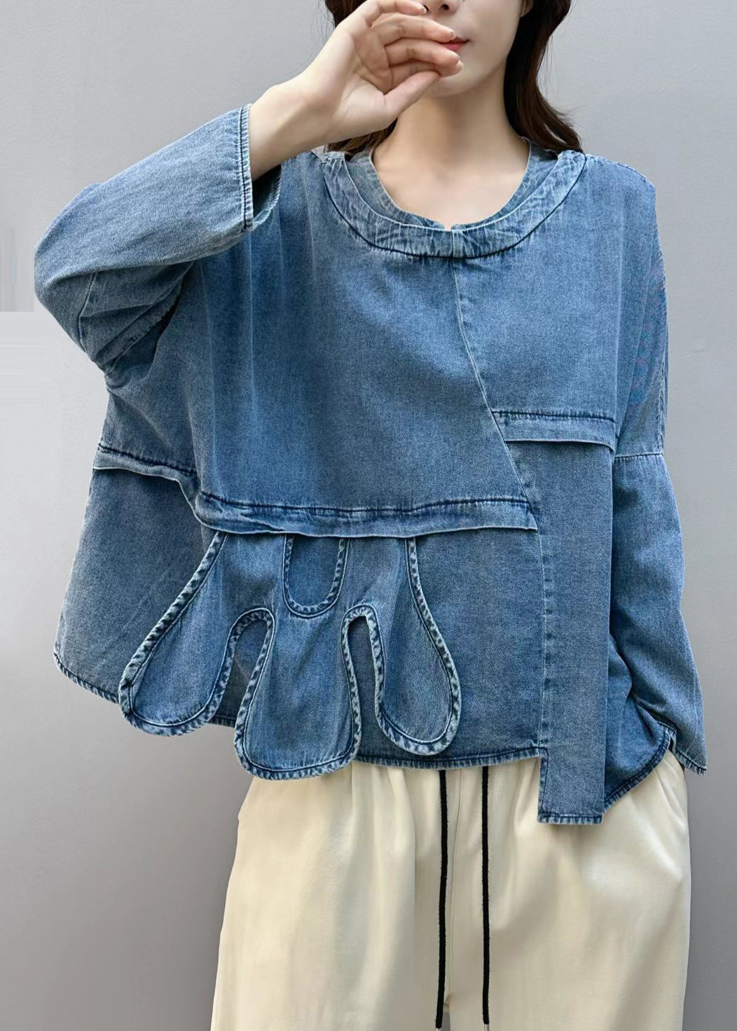 Chic Blue Asymmetrical Patchwork Denim Shirt Tops Fall