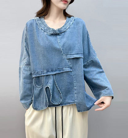 Chic Blue Asymmetrical Patchwork Denim Shirt Tops Fall