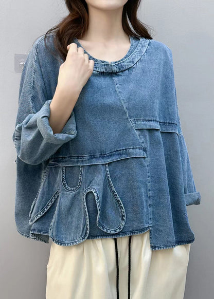 Chic Blue Asymmetrical Patchwork Denim Shirt Tops Fall