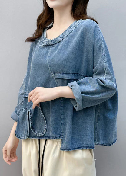 Chic Blue Asymmetrical Patchwork Denim Shirt Tops Fall