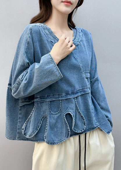 Chic Blue Asymmetrical Patchwork Denim Shirt Tops Fall