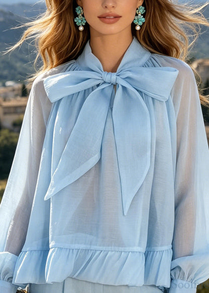 Chic Blue Bow Loose Chiffon Shirt Top Long Sleeve