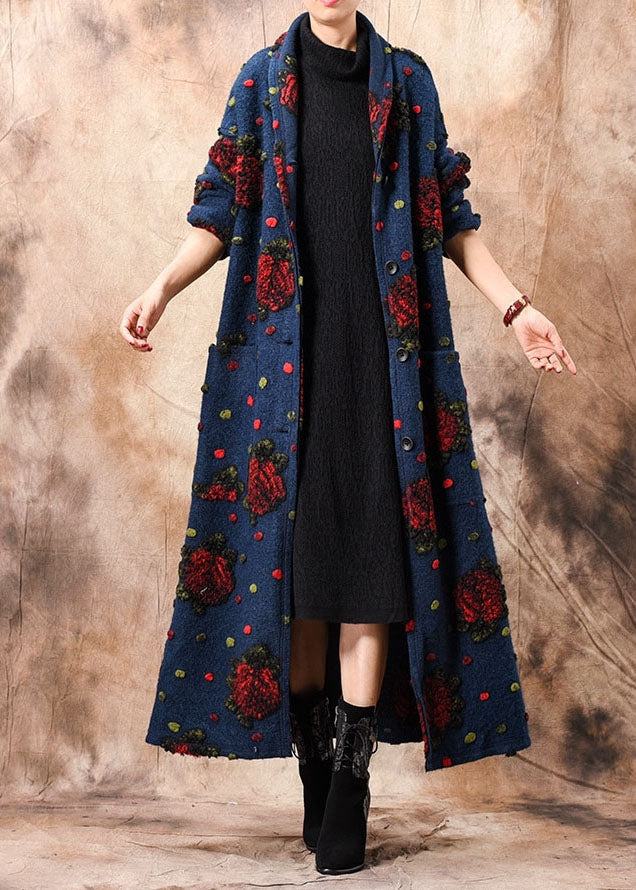 Schicke blaue Wollmäntel mit Jacquard-Blumenmuster