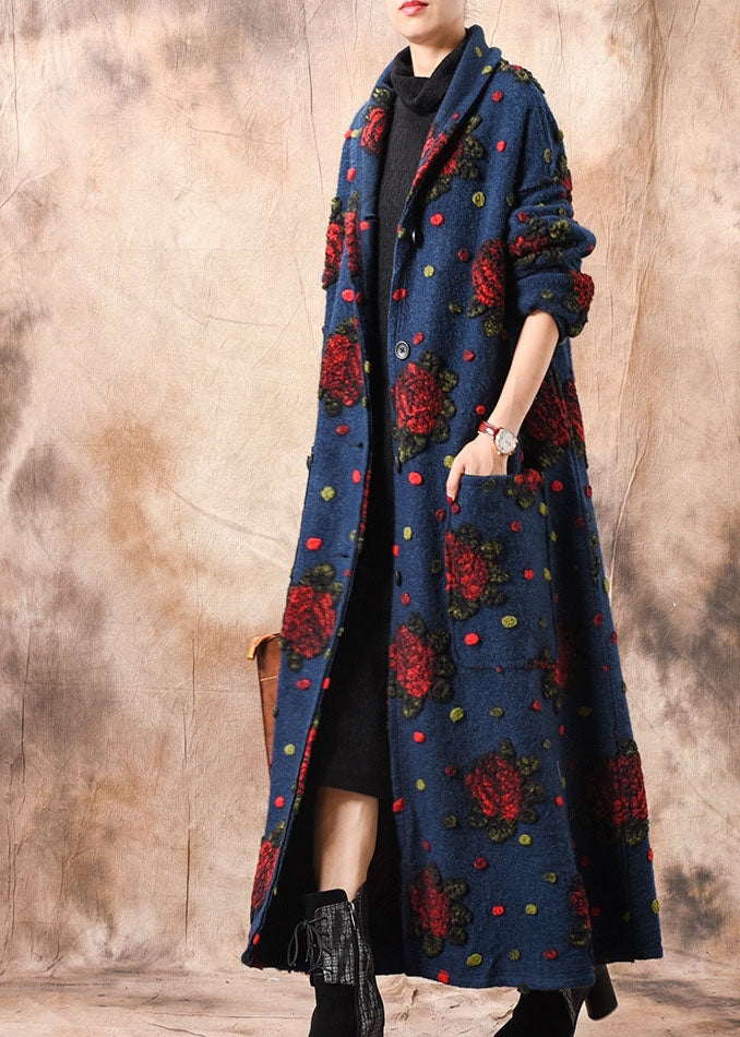 Schicke blaue Wollmäntel mit Jacquard-Blumenmuster