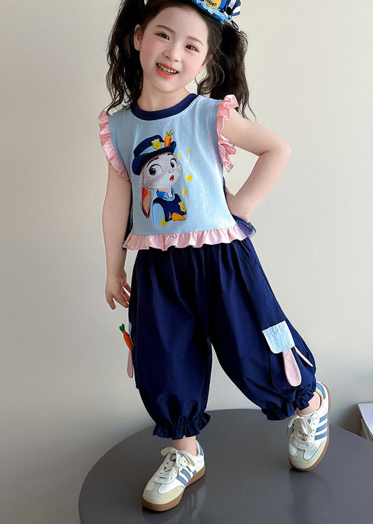 Chic Blue Cartoon Print Ruffled Girls Vest And Crop Pants Two Piece Set Summer