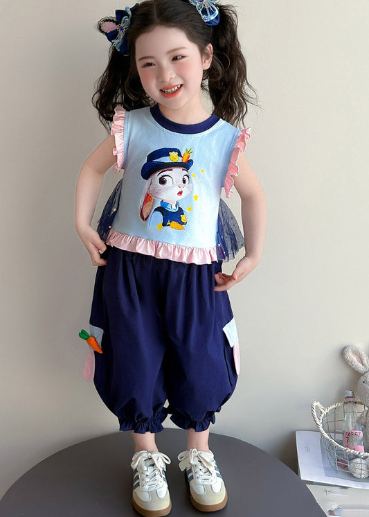 Chic Blue Cartoon Print Ruffled Girls Vest And Crop Pants Two Piece Set Summer