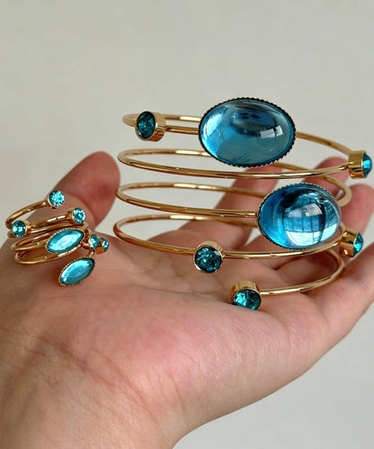 Chic Blue Copper Alloy Gem Stone Spiral Cuff And Rings Two-Piece Set
