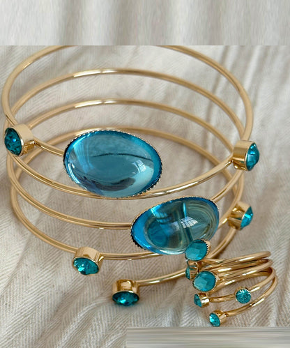 Chic Blue Copper Alloy Gem Stone Spiral Cuff And Rings Two-Piece Set