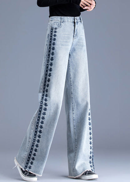 Chic Blue Embroidered Pockets Patchwork Denim Pants Spring