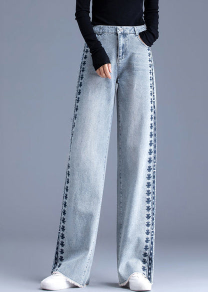 Chic Blue Embroidered Pockets Patchwork Denim Pants Spring