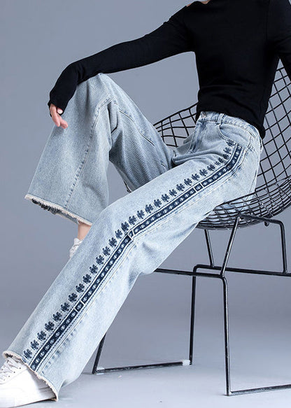 Chic Blue Embroidered Pockets Patchwork Denim Pants Spring