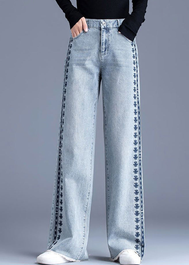 Chic Blue Embroidered Pockets Patchwork Denim Pants Spring