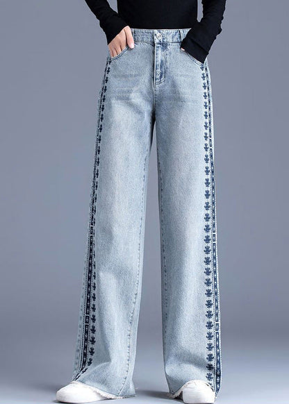 Chic Blue Embroidered Pockets Patchwork Denim Pants Spring