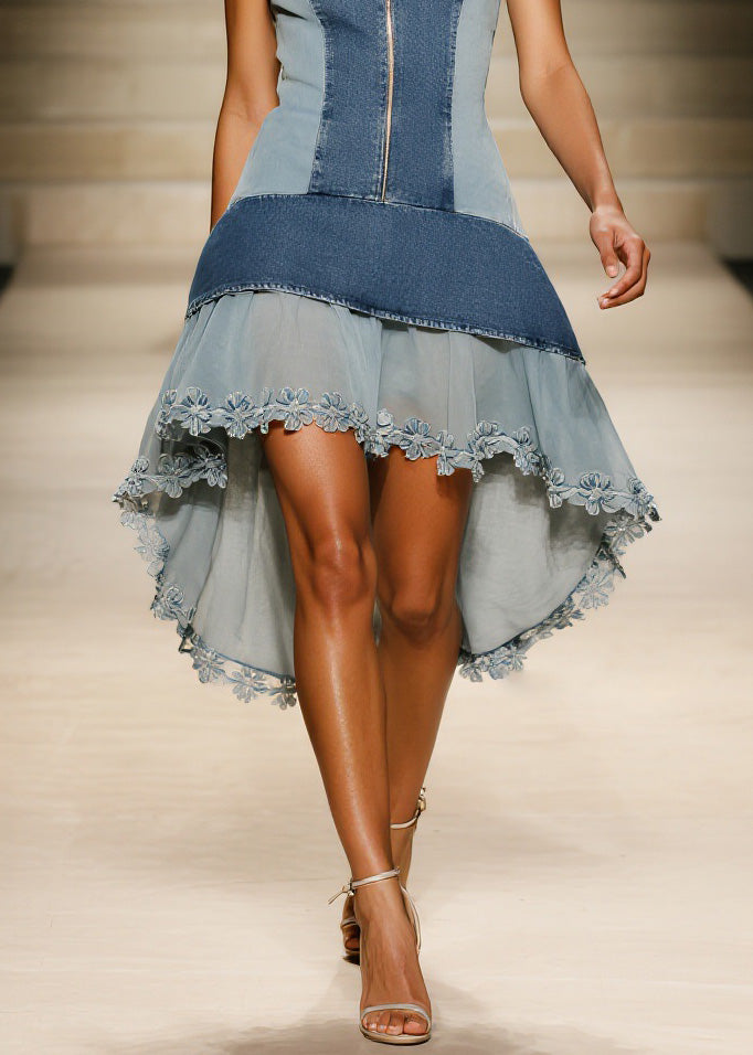 Chic Blue Floral Tulle Denim Spaghetti Strap Dress Summer
