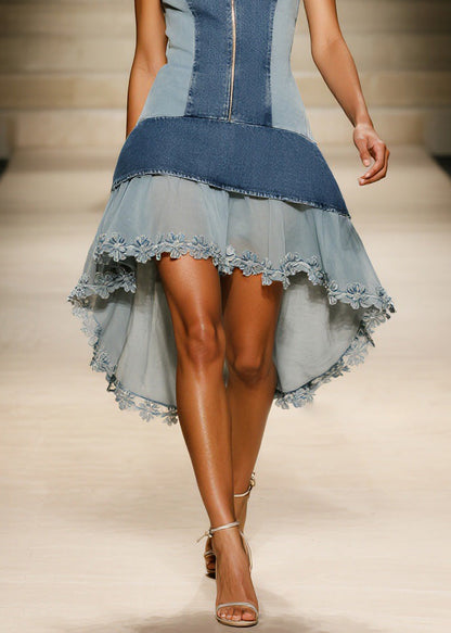 Chic Blue Floral Tulle Denim Spaghetti Strap Dress Summer