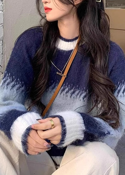 Chic Blue Gradient O Neck Thick Cozy Knit Sweaters Winter