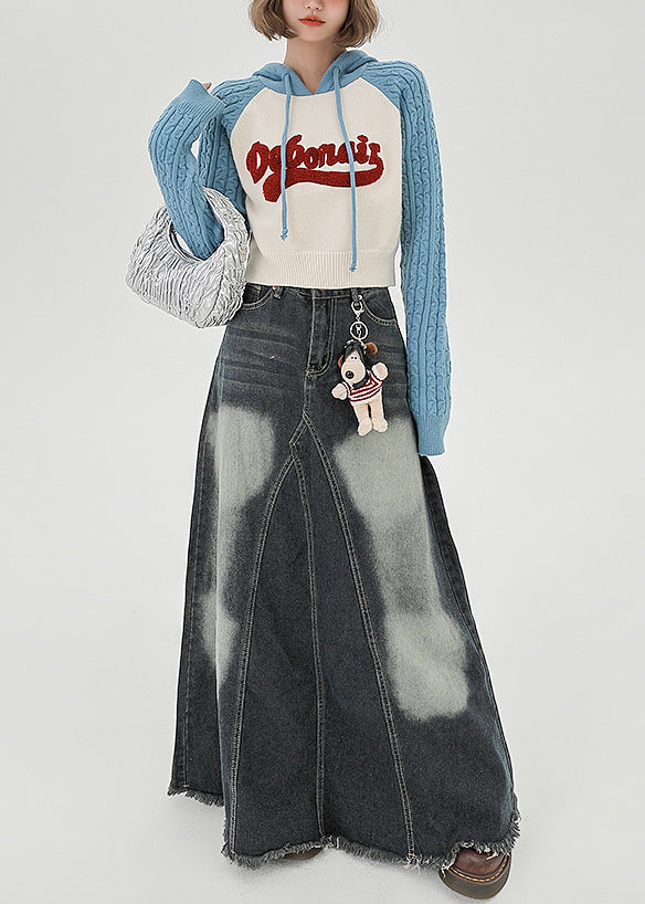 Schickes blaues Kapuzen-Sweatshirt mit Patchwork-Jacquard-Strickmuster, Frühlingsoberteil