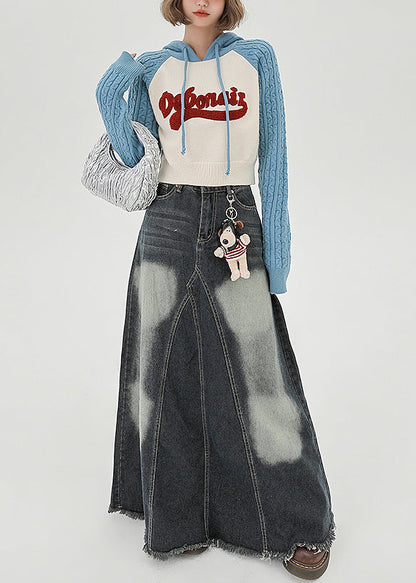 Schickes blaues Kapuzen-Sweatshirt mit Patchwork-Jacquard-Strickmuster, Frühlingsoberteil