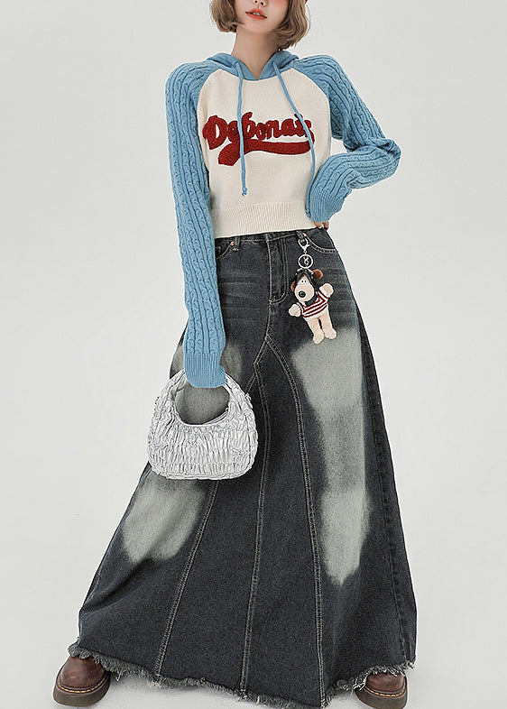 Schickes blaues Kapuzen-Sweatshirt mit Patchwork-Jacquard-Strickmuster, Frühlingsoberteil