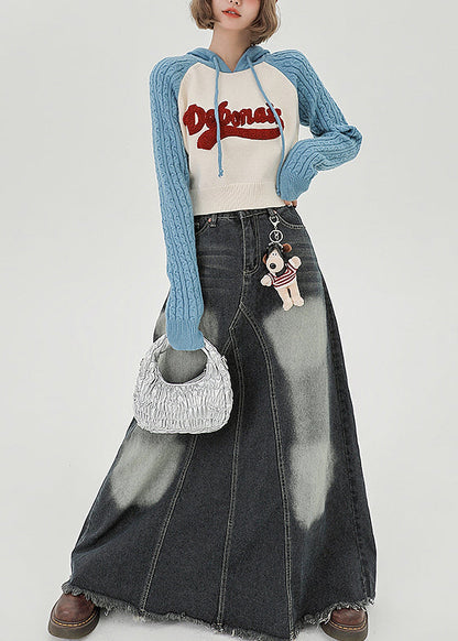 Schickes blaues Kapuzen-Sweatshirt mit Patchwork-Jacquard-Strickmuster, Frühlingsoberteil