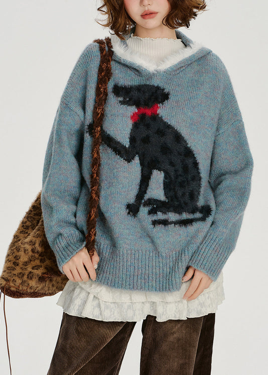 Chic Blue Jacquard Patchwork Knit Hooded Sweater Spring