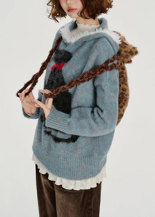 Chic Blue Jacquard Patchwork Knit Hooded Sweater Spring