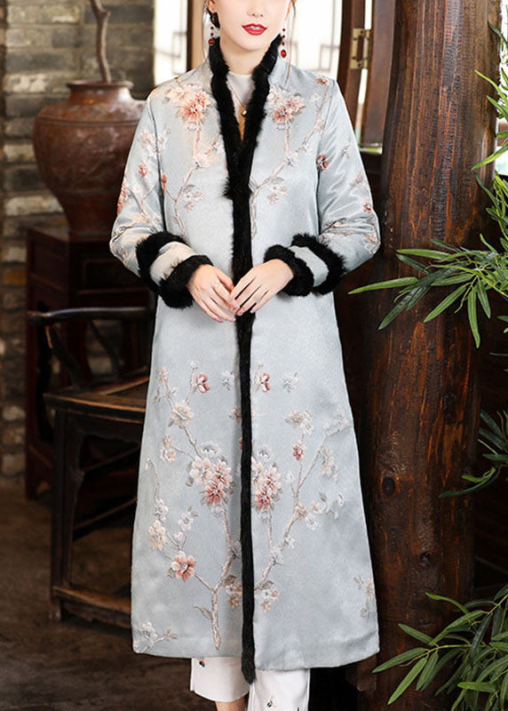 Chic Blau Jacquard Taschen Dicke Winter Baumwolle Parkas Lange ärmel