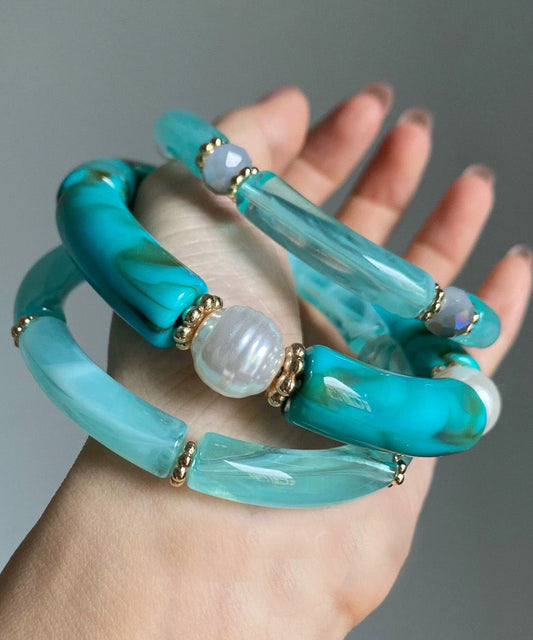 Conjunto de tres piezas de brazaletes elegantes de jade azul y perla