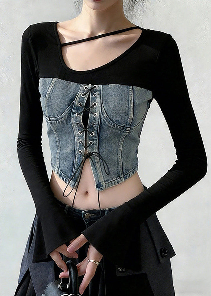 Chic Blue Lace Up Patchwork Denim T Shirts Flare Sleeve