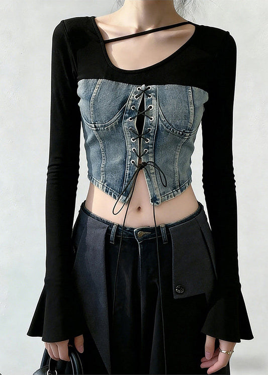Chic Blue Lace Up Patchwork Denim T Shirts Flare Sleeve