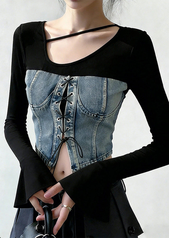 Chic Blue Lace Up Patchwork Denim T Shirts Flare Sleeve