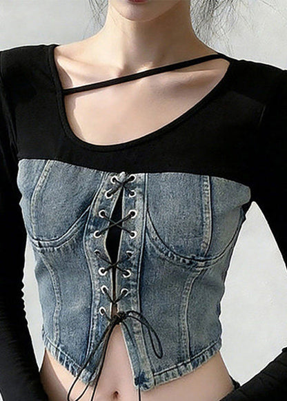 Chic Blue Lace Up Patchwork Denim T Shirts Flare Sleeve
