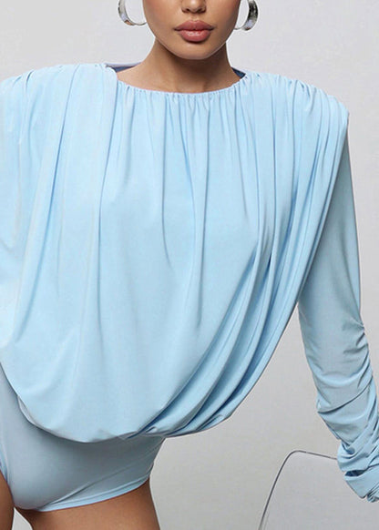 Chic Blue O-Neck Backless Bodysuit Fall