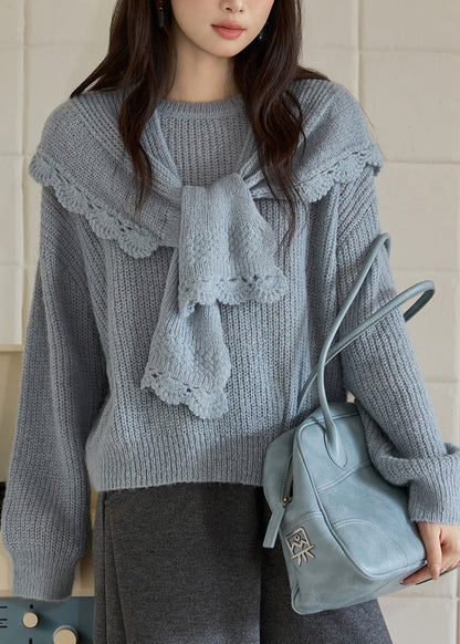 Chic Blue O-Neck Cotton Knit Sweaters And Shawl Two Pieces Set Lantern Sleeve