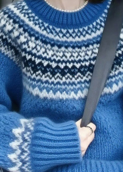 Suéter de punto de algodón grueso con estampado de cuello redondo azul elegante y mangas farol