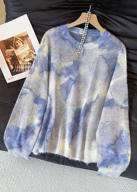Chic Blue O Neck Tie Dye Knit Sweater Fall