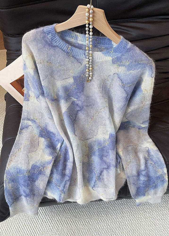 Chic Blue O Neck Tie Dye Knit Sweater Fall