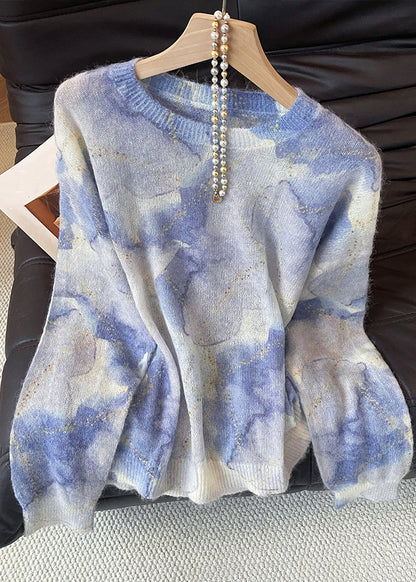 Chic Blue O Neck Tie Dye Knit Sweater Fall