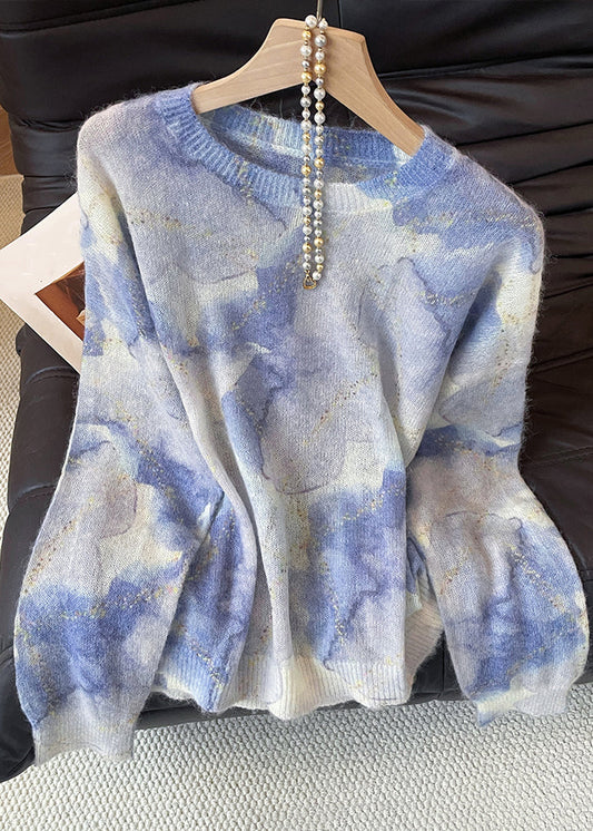 Chic Blue O Neck Tie Dye Knit Sweater Fall