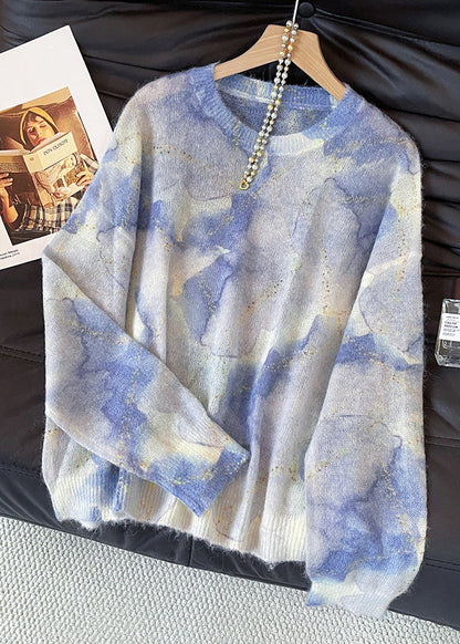 Chic Blue O Neck Tie Dye Knit Sweater Fall