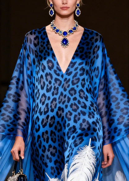 Chic Blue Oversized Leopard Print Exra Large Hem Silk Dress Summer