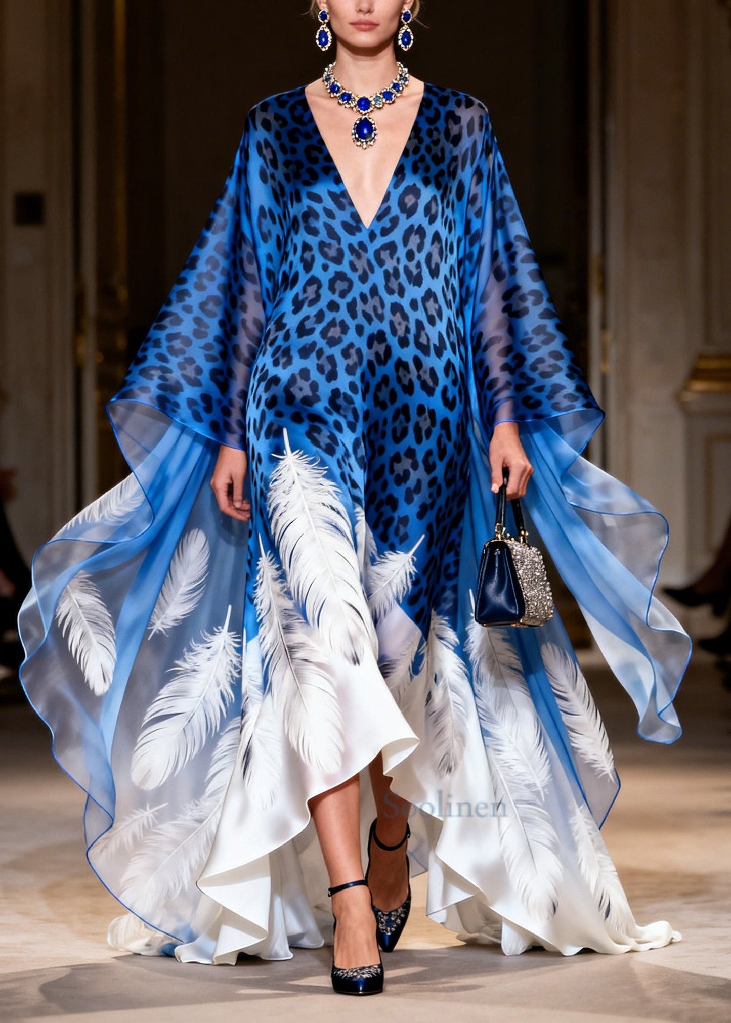 Chic Blue Oversized Leopard Print Exra Large Hem Silk Dress Summer