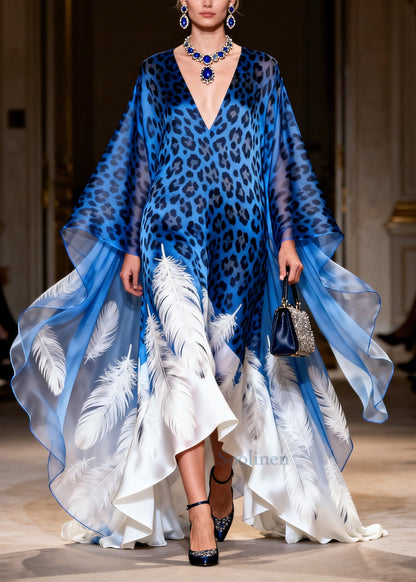 Chic Blue Oversized Leopard Print Exra Large Hem Silk Dress Summer