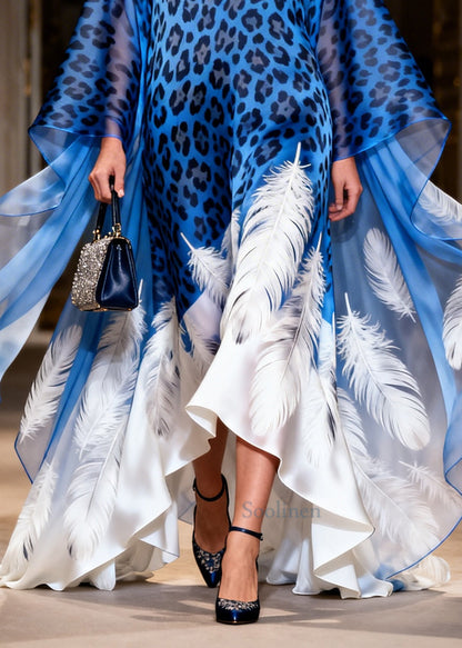 Chic Blue Oversized Leopard Print Exra Large Hem Silk Dress Summer