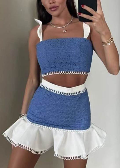 Chic Blue Patchwork Cotton Two Piece Set Outfits Butterfly Sleeve