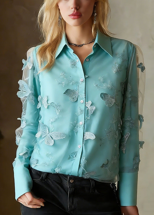Chic Blue Peter Pan Collar Butterfly Tulle Shirts Spring