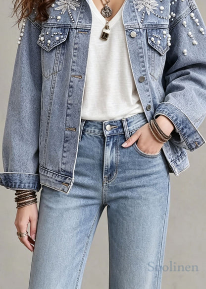 Chic Blue Peter Pan Collar Nail Bead Patchwork Denim Coats Fall