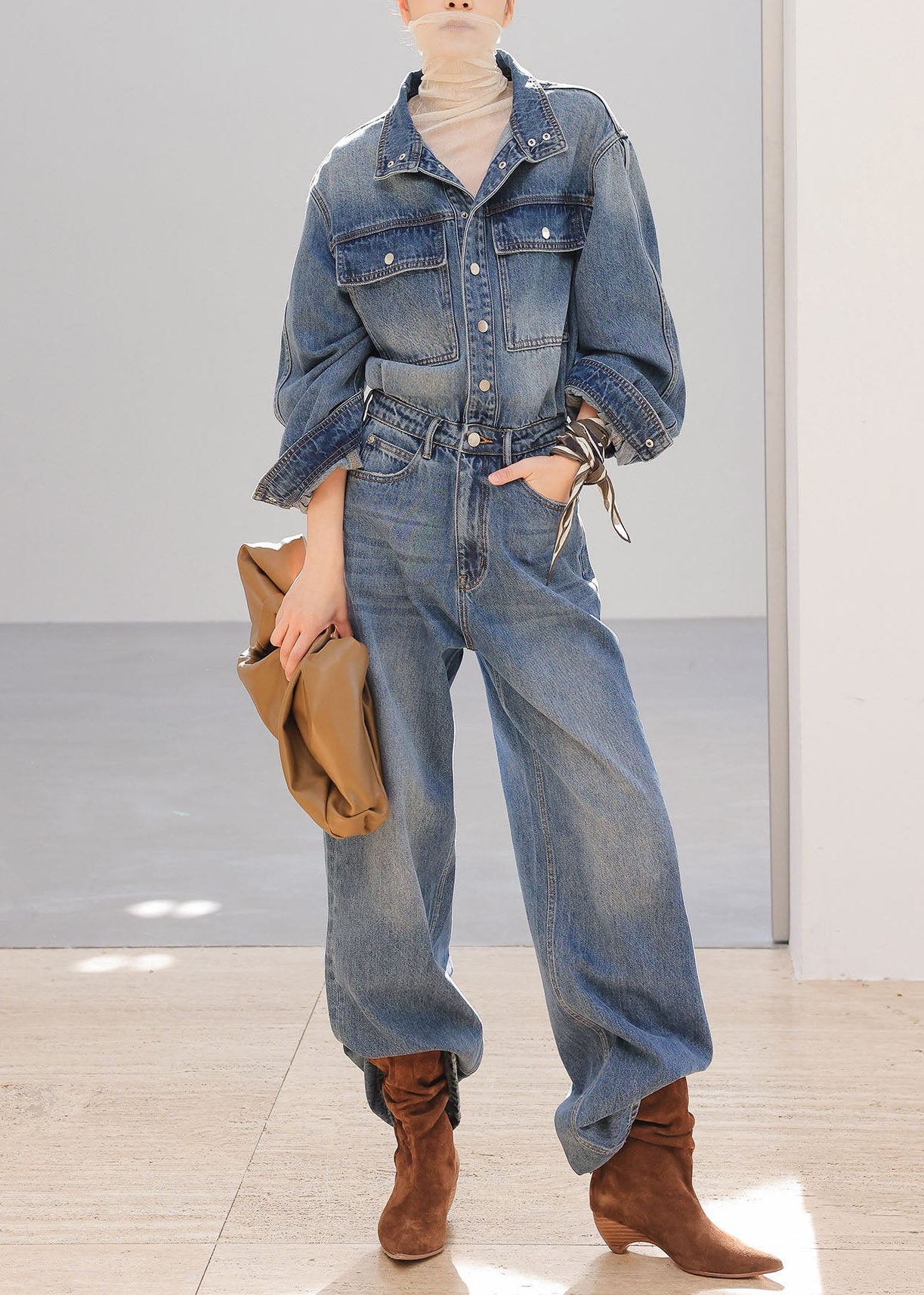 Chic Blue Peter Pan Collar Pockets Patchwork Denim Jumpsuit Fall